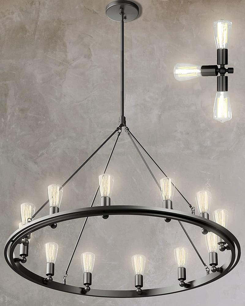 12 Light Black Wagon Wheel Chandelier Farmhouse - Included Bulbs, Adjustable Light Feature - 38" round Modern Farmhouse Lighting Chandelier - Entryway, Foyer, Kitchen Island, Dining Room Chandeliers Home & Garden > Lighting > Lighting Fixtures > Chandeliers Bohome Black  