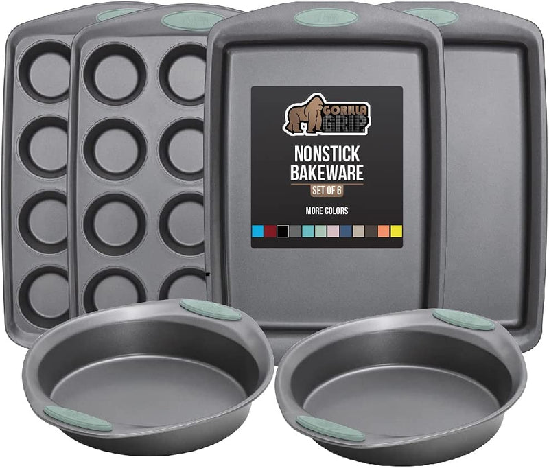 Gorilla Grip Nonstick, Heavy Duty, Carbon Steel Bakeware Sets, 4 Piece Kitchen Baking Set, Rust Resistant, Silicone Handles, 2 Large Cookie Sheets, 1 Roasting Pan and 1 Bread Loaf Pan, Turquoise Home & Garden > Kitchen & Dining > Cookware & Bakeware Hills Point Industries, LLC Mint Bakeware Sets Set of 6