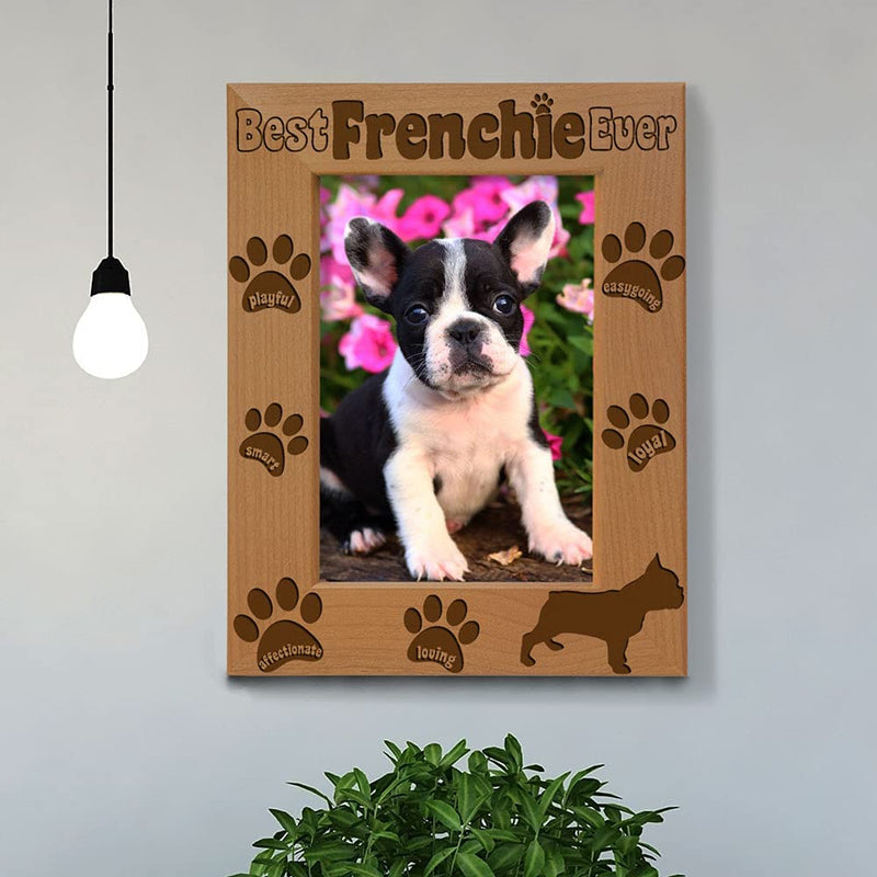 KATE POSH Best Frenchie Ever Engraved Natural Wood Picture Frame, French Bulldog Photo Frame, Pet Memorial Gifts, New Puppy Gifts, Dog Lover Gift, Paw Prints on My Heart (4X6 Vertical) Home & Garden > Decor > Picture Frames KATE POSH   