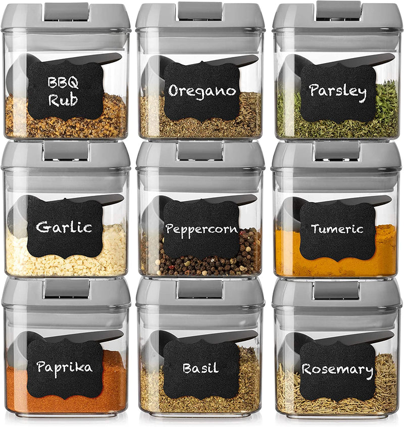 Shazo Airtight 9 Pc Mini Container Set + 9 Spoons, Labels & Marker - Durable Clear Plastic Food Storage Containers with Lids - Kitchen Cabinet Pantry Containers for Spices, Herbs, Coffee, Tea Etc GRAY Home & Garden > Decor > Decorative Jars Shazo   