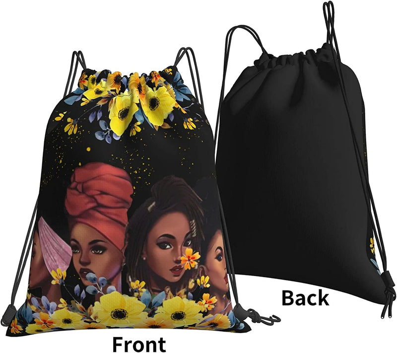 EZYES African American Women Drawstring Backpack Bag Black Girl Sport Gym Bag Water Resistant for Gym Shopping Sport Yoga