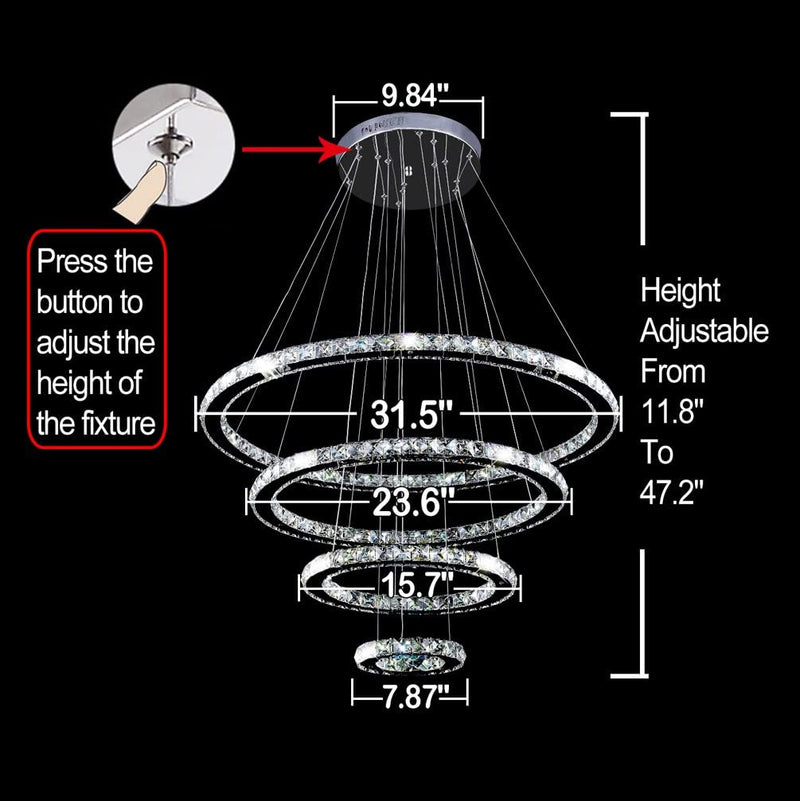 MEEROSEE Crystal Chandeliers Modern LED Ceiling Lights Fixtures Pendant Lighting Dining Room Chandelier Contemporary Adjustable Stainless Steel Cable 4 Rings DIY Design D31.5+23.6"+15.7"+7.8" Home & Garden > Lighting > Lighting Fixtures > Chandeliers MEEROSEE   