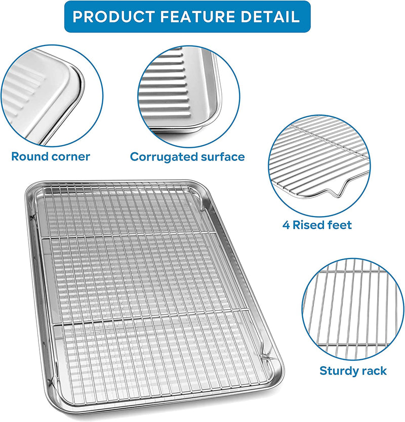 Herogo Baking Pan Sheet with Cooling Rack Set for Oven, 18 X 13 X 1 Inch, Stainless Steel Fluted Bakeware Cookie Sheet Tray Non-Stick, Dishwasher Safe