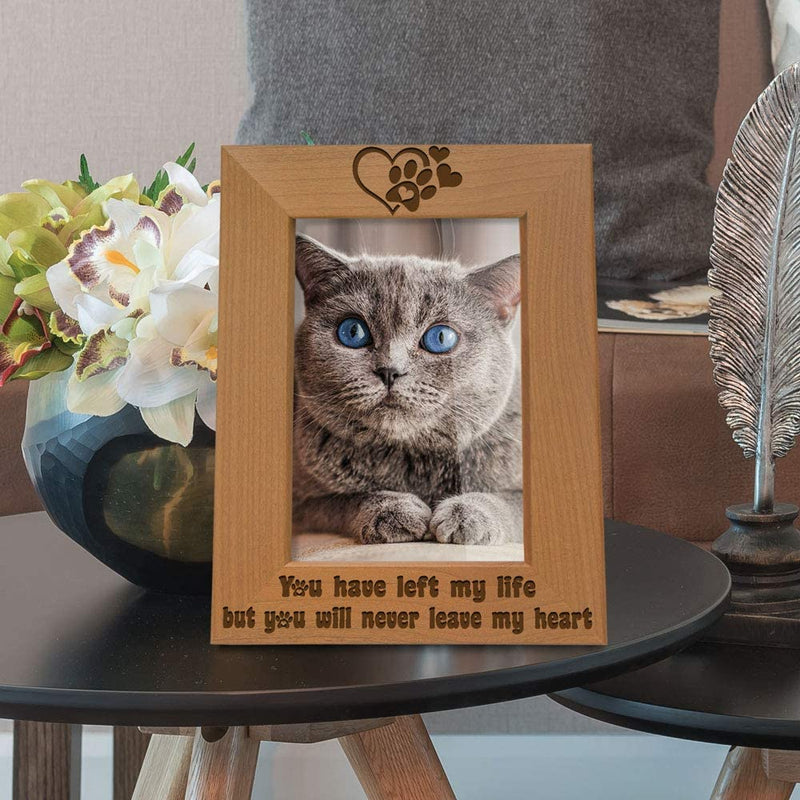 KATE POSH You Have Left My Life, but You Will Never Leave My Heart Natural Wood Engraved Picture Frame, Paw Prints on My Heart Memorial Gifts for Cat or Dog, Pet Sympathy Memory Gift (5X7 Vertical) Home & Garden > Decor > Picture Frames Kate Posh   