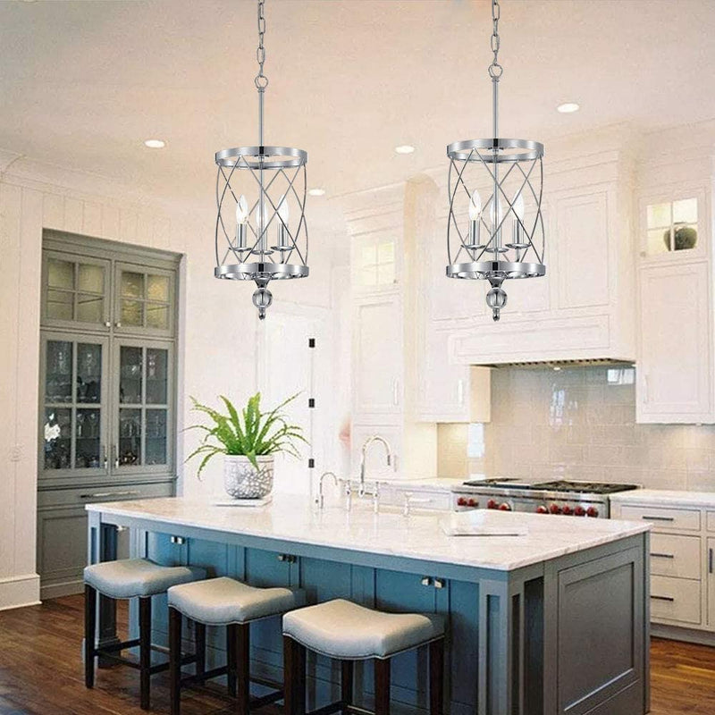 MO&OK Crystal Chandelier 3-Light Chrome Finish Industrial Rustic Cage Pendant Lights Adjustable Hanging Lighting for Kitchen Island above Sink Porch Dining Room and Stairs D9.1”Xh15.2” Home & Garden > Lighting > Lighting Fixtures > Chandeliers MO&OK   