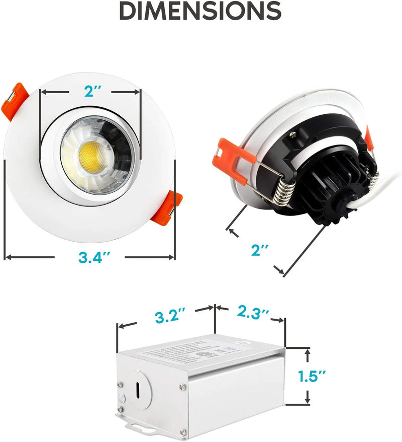 Luxrite 3 Inch Adjustable LED Gimbal Recessed Lighting with Junction Box, 3 Color Selectable 3000K | 4000K | 5000K, 8W=50W, 600 Lumens, Dimmable Canless LED Downlight, IC Rated, Damp Rated Home & Garden > Lighting > Flood & Spot Lights LUXRITE   