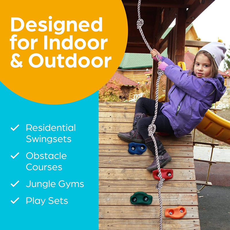 Jungle Gym Kingdom Rock Climbing Holds for Kids - Indoor & Outdoor Rock Wall Climbing Kit with Mounting Hardware, Knotted Rope and 25 Handles - Playground Accessories﻿ Sporting Goods > Outdoor Recreation > Winter Sports & Activities Jungle Gym Kingdom   