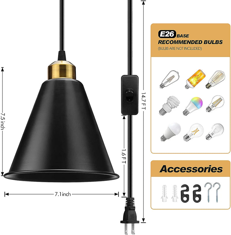 Plug in Pendant Light, Industrial Pendant Light E26 E27 Base, Vintage Hanging Pendant Lights Retro Pendant Light Fixtures Home Kitchen Lighting, Bar Lights Hanging