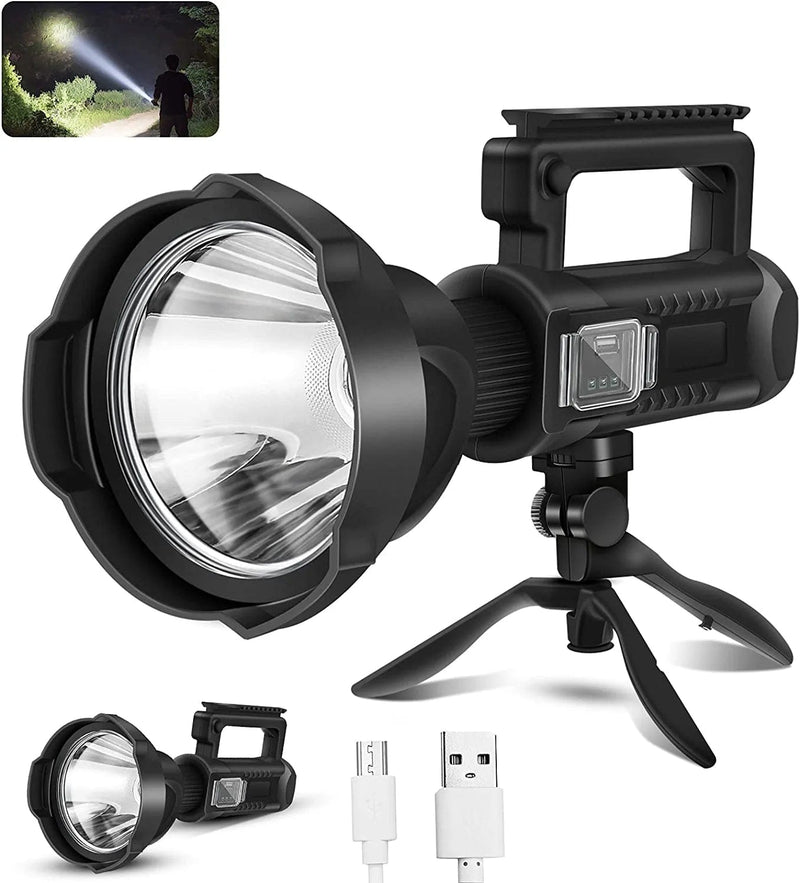 Chanarily Rechargeable Spotlight Flashlight High Lumens, 100000 Lumens Super Bright Led Searchlight,4 Modes Waterproof Handheld Spotlight with Tripod and USB Output for Working or Emergency (Black) Home & Garden > Lighting > Flood & Spot Lights Chanarily Tripod  