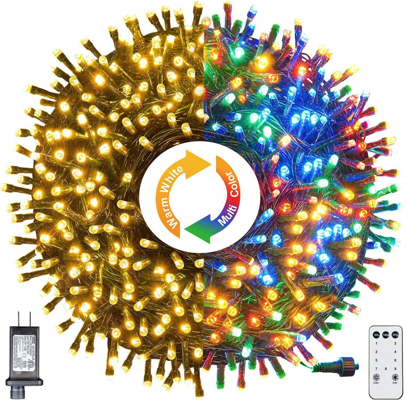 Christmas Lights Outdoor 108FT 300 LED String Lights with 8 Modes & Timer Remote, End to End Conectable, UL Listed, Green Wire