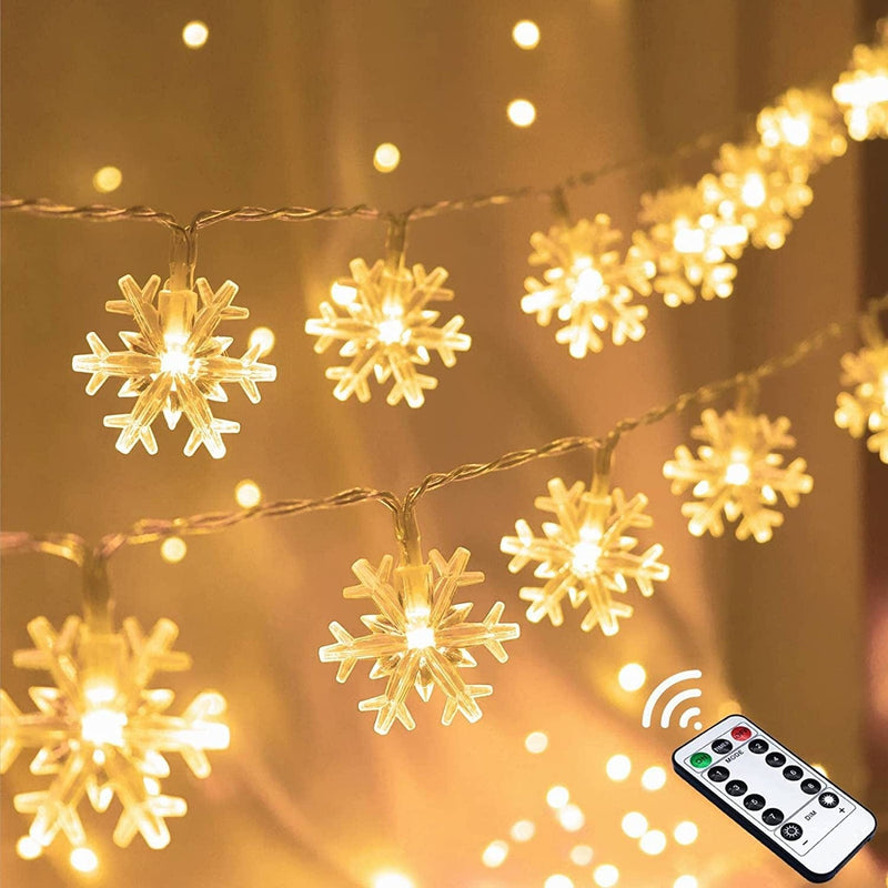 Christmas Snowflake String Lights, 20 FT 40 LED Battery Operated Fairy Lights with Remote, 8 Modes Timer Hanging Decor for Bedroom Room Patio Party Wall Indoor Outdoor Xmas Tree Decorations Cool White Home & Garden > Lighting > Light Ropes & Strings Runleo Snowflake Lights-warm White  