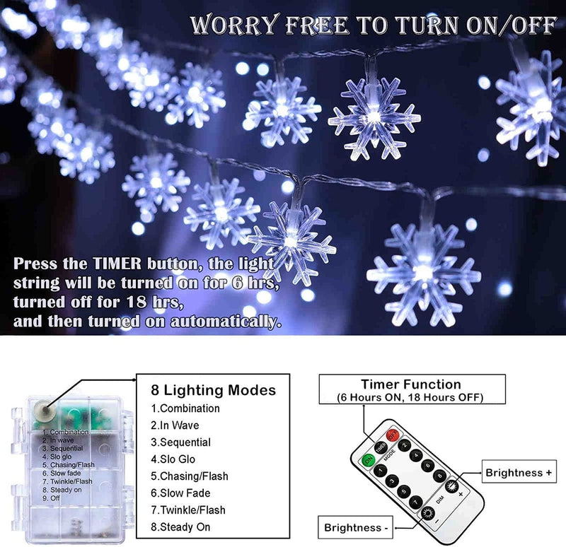 Christmas Snowflake String Lights, 20 FT 40 LED Battery Operated Fairy Lights with Remote, 8 Modes Timer Hanging Decor for Bedroom Room Patio Party Wall Indoor Outdoor Xmas Tree Decorations Cool White Home & Garden > Lighting > Light Ropes & Strings Runleo   