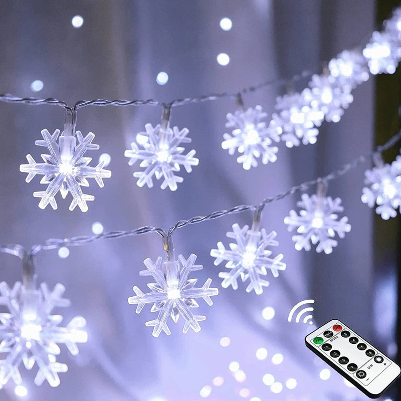 Christmas Snowflake String Lights, 20 FT 40 LED Battery Operated Fairy Lights with Remote, 8 Modes Timer Hanging Decor for Bedroom Room Patio Party Wall Indoor Outdoor Xmas Tree Decorations Cool White Home & Garden > Lighting > Light Ropes & Strings Runleo Snowflake Lights-cool White  