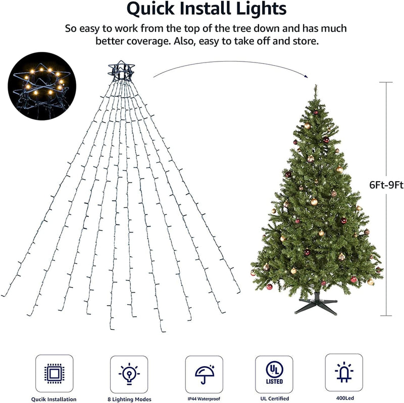 Christmas Tree Lights with Ring 400Leds 10 Lines String Lights Christmas Decorations with 8 Models and Memory Function, Waterproof Fairy String Lights for Xmas Tree Holiday Decor(Warmlight)