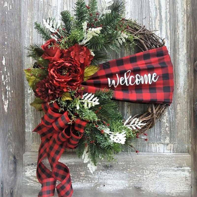 Christmas Welcome Wreath for Front Door Porch Decor Rustic Farmhouse Door Wreath with Red Berry & Buffalo Bow, Hanging Welcome Christmas Decoration for Home Outdoor Indoor Home & Garden > Decor > Seasonal & Holiday Decorations& Garden > Decor > Seasonal & Holiday Decorations FYCONE B  