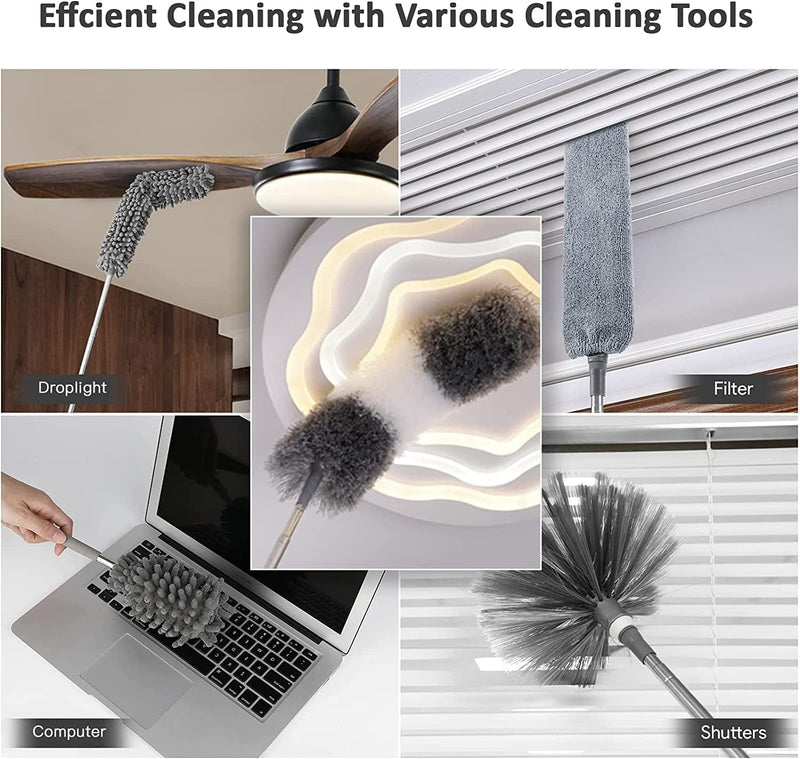 CNASA Microfiber Duster with Extension Pole(Stainless Steel) 30 to 100 Inches, Reusable Bendable Duster, Washable Dusters for Cleaning Ceiling Fan, High Ceiling, Blinds, Furniture & Cars