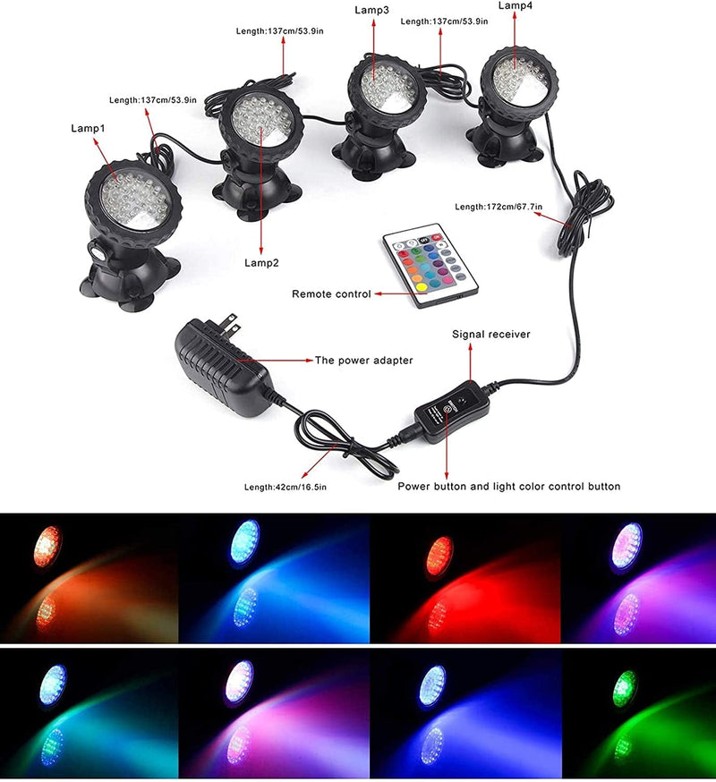 Color Changing Spotlights, Underwater Pond Light 12W LED Fountain Lights IP68 Waterproof Submersible Yard Spot Lights Multi-Color Dimmable Memory Adjustable for Outdoor Garden Lawn Pathway, Set of 4