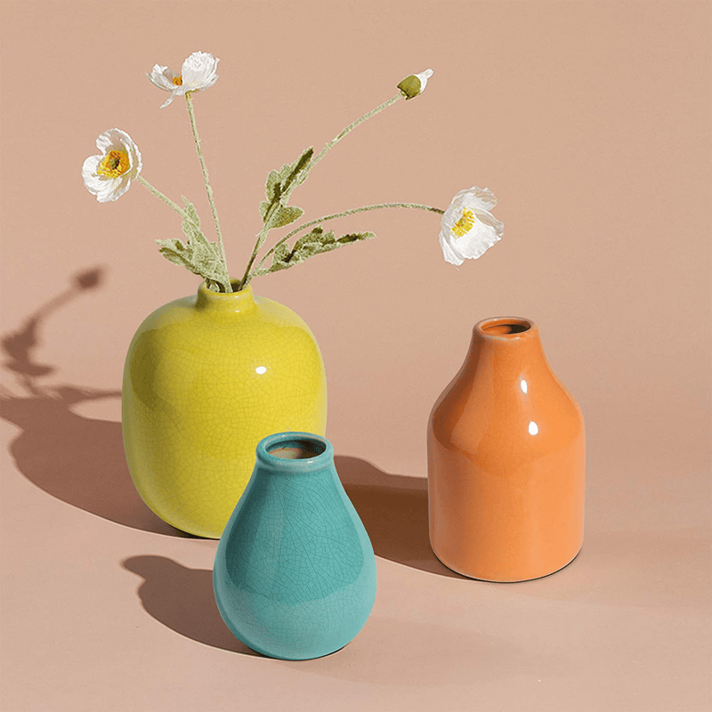 ComSaf Ceramic Flower Vase Set of 3, Small Decorative Vases, Modern Glazed Floral Vase for Home Decor Table Centerpieces, Living Room, Office, Orange Yellow Blue, Rustic Style