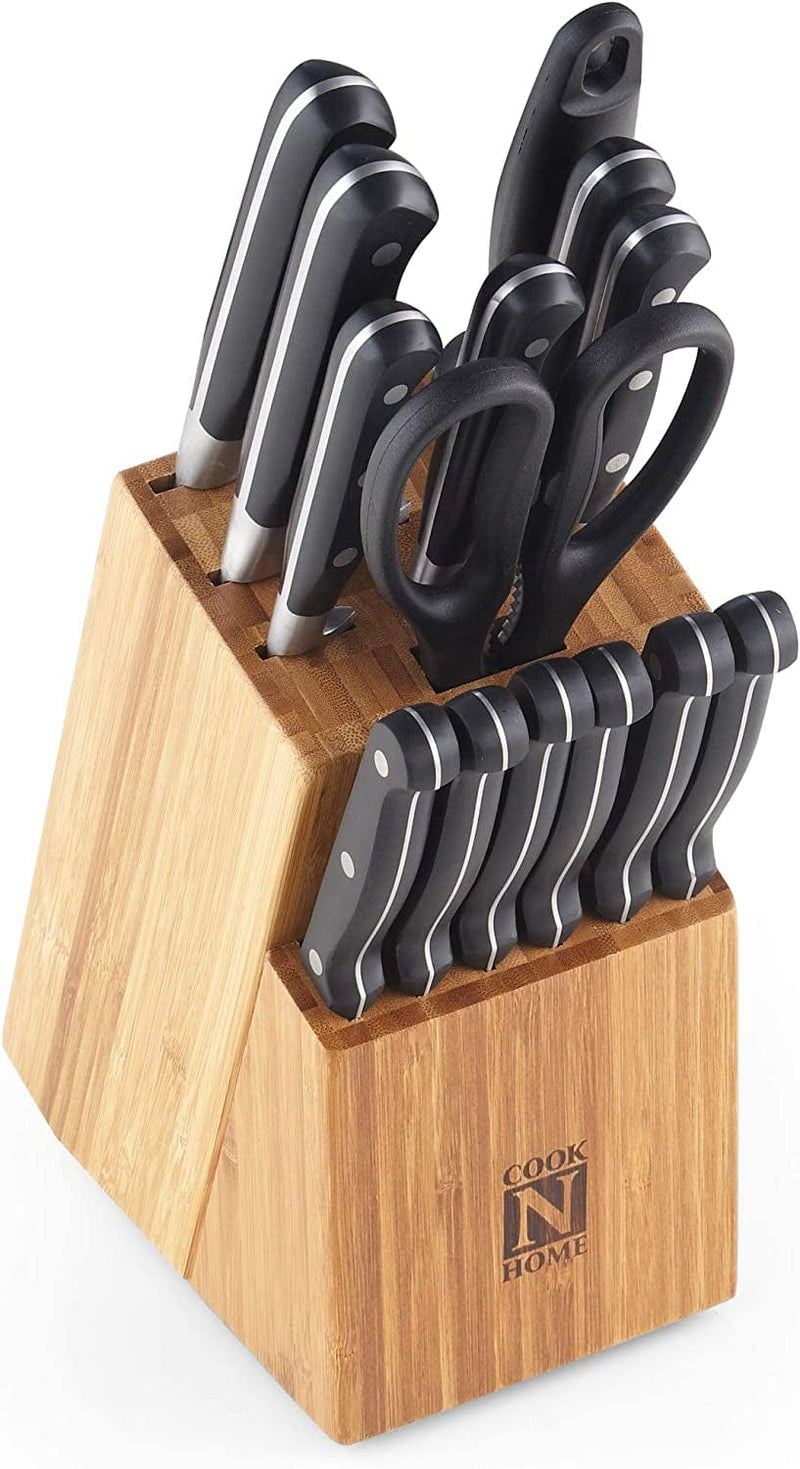 Cook N Home 15-Piece Knife Set with Bamboo Storage Block, Stainless Stee, Silver