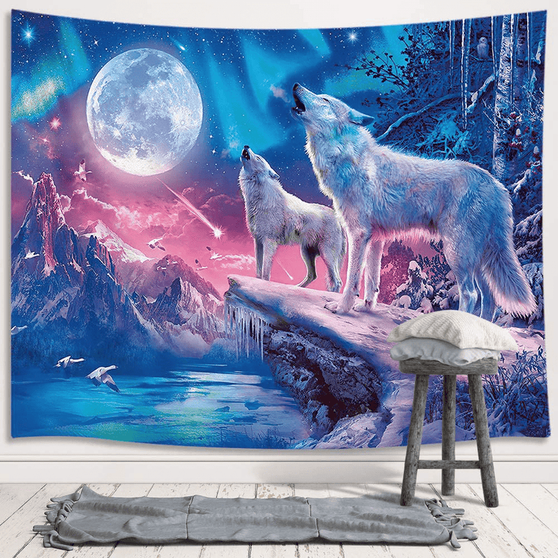 Cool Wolf Tapestry, Fantasy Animals Moon Small Tapestry Wall Hanging for Boys Men Bedroom, Colorful Aesthetic Blue Galaxy Mountian Forest Tapestry Poster Blanket College Dorm Home Decor 60X40" Home & Garden > Decor > Artwork > Decorative TapestriesHome & Garden > Decor > Artwork > Decorative Tapestries JAWO   