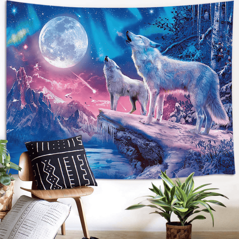 Cool Wolf Tapestry, Fantasy Animals Moon Small Tapestry Wall Hanging for Boys Men Bedroom, Colorful Aesthetic Blue Galaxy Mountian Forest Tapestry Poster Blanket College Dorm Home Decor 60X40"