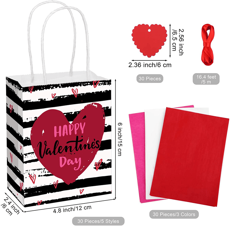 Cooraby 30 Pieces Valentines Day Paper Bags Mini Kraft Gift Bags with Handles, Tissue Paper and Tags Assorted Styles Party Bags for Presents Valentines Party, 4.8 X 2.4 X 6 Inches