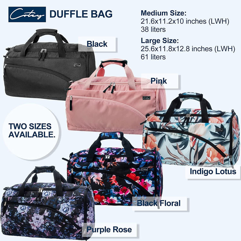 COTEY 22" Weekender Bags for Women, 38L Travel Duffle Bag for Women Overnight, Large Carry on Duffel with Shoe Compartment, Waterproof - Purple Rose