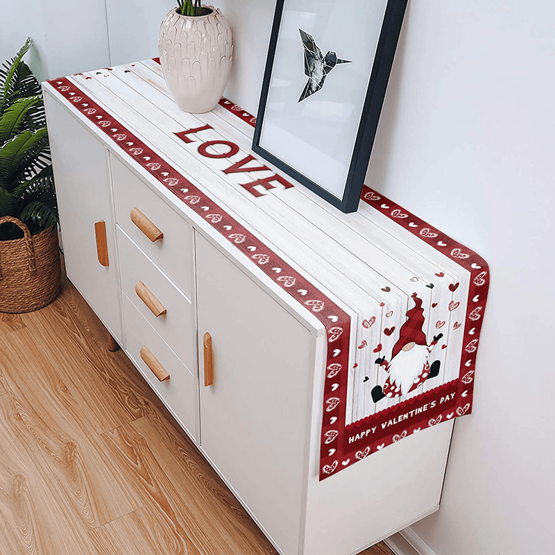 Cotton Linen Table Runner for All Seasons Happy Valentine'S Day Gnomes Pattern Wooden Board Table Setting Decor Red Heart Check Hat for Garden Wedding Parties Dinner Decoration - 13 X 70 Inches Home & Garden > Decor > Seasonal & Holiday Decorations AXMSYun   