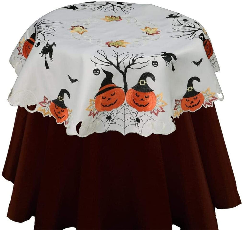 Creative Linens Halloween Tablecloth 33" Square, Embroidered Spooky Pumpkin Bats Spider Web Witch Table Topper for Fall Holiday Decoration, Ivory Home & Garden > Decor > Seasonal & Holiday Decorations Creative Linens 33" round  