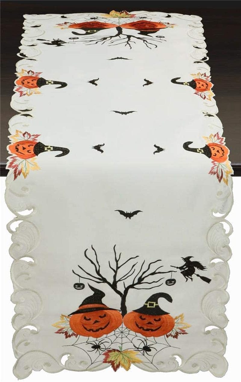 Creative Linens Halloween Tablecloth 33" Square, Embroidered Spooky Pumpkin Bats Spider Web Witch Table Topper for Fall Holiday Decoration, Ivory Home & Garden > Decor > Seasonal & Holiday Decorations Creative Linens 15x52"  