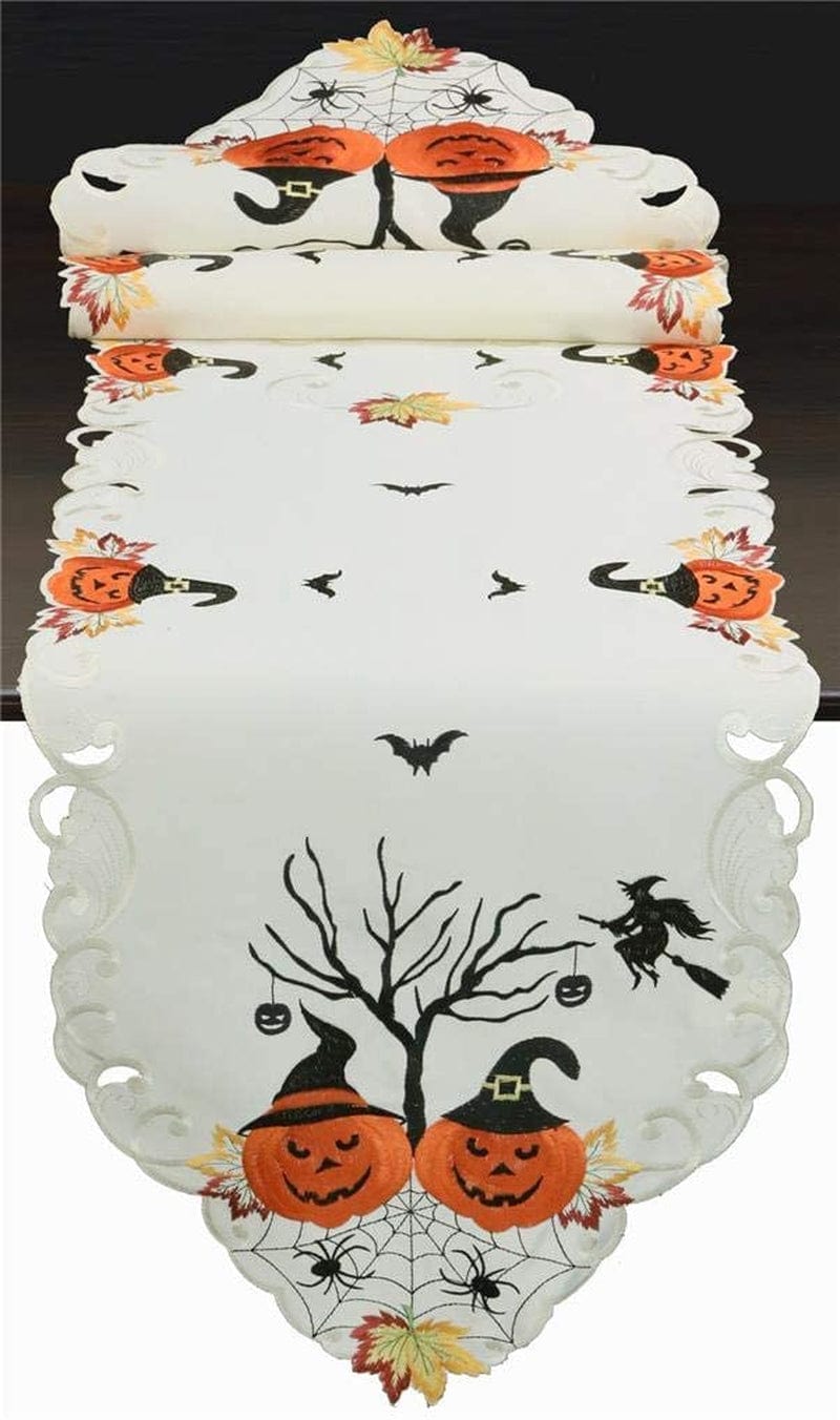 Creative Linens Halloween Tablecloth 33" Square, Embroidered Spooky Pumpkin Bats Spider Web Witch Table Topper for Fall Holiday Decoration, Ivory Home & Garden > Decor > Seasonal & Holiday Decorations Creative Linens 15x68"  
