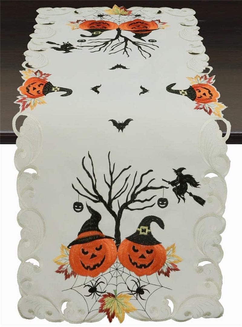 Creative Linens Halloween Tablecloth 33" Square, Embroidered Spooky Pumpkin Bats Spider Web Witch Table Topper for Fall Holiday Decoration, Ivory Home & Garden > Decor > Seasonal & Holiday Decorations Creative Linens 15x34"  