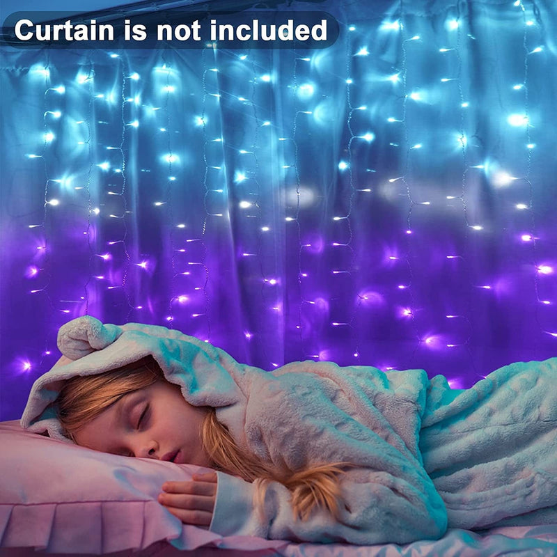 Curtain Lights for Bedroom Waterfall Led String Lights Teal Turquoise Blue Lavender Lilac Purple Ombre Hanging Fairy Lights Mermaid Kids Teen Room Decor for Girls Window Wall (Turquoise & Purple)