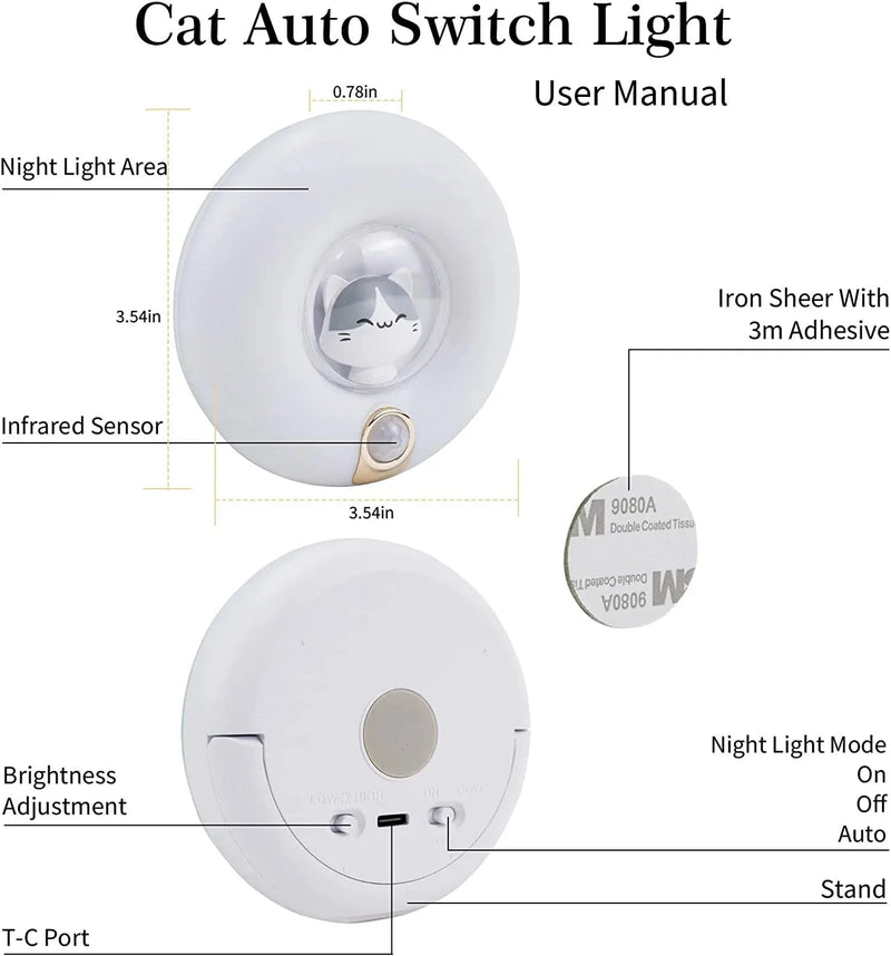 Cute Cat Motion Sensor Night Light Cordless Rechargeable Magnetic Nightlights Adjustable Brightness Stick Anywhere Cat Lamp for Kids Baby Bedroom Cabinet Closet Stairs Wall Lights for Hallway Nursery