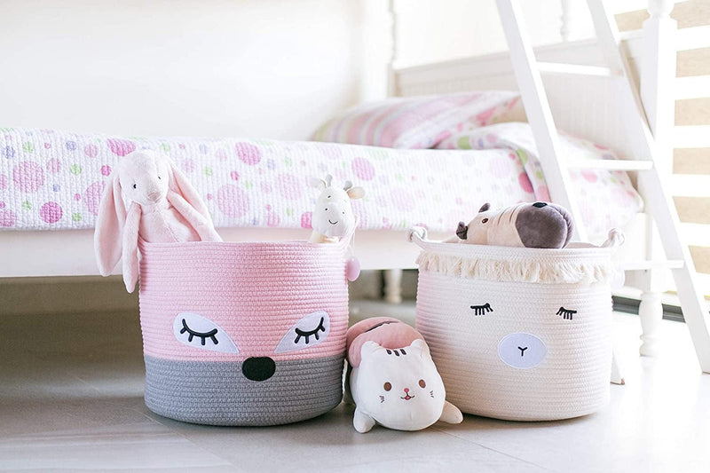 Cute Cotton Rope Storage Baskets - Pink Fox Woven Baby Laundry Basket for Nursery, Stuffed Animal Toy Storage Bin for Kids Rooms, Large Decorative Baby Hamper Basket for Organizing Baby Shower Home & Garden > Household Supplies > Storage & Organization LUXILILY   