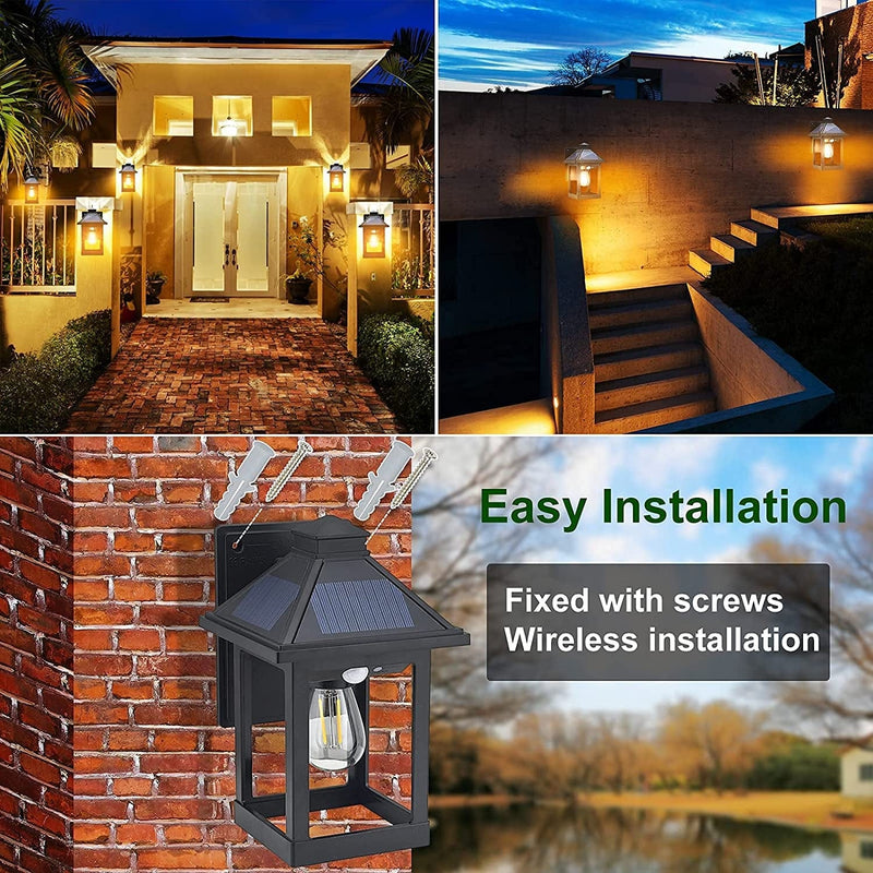 CYHKEE 2 Pack Solar Wall Lanterns Outdoor with 3 Modes, Wireless Dusk to Dawn Motion Sensor LED Sconce Lights IP65 Waterproof, Exterior Front Porch Security Lamps Wall Mount Patio Fence Decorative