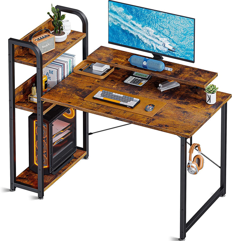 ODK Computer Desk with Storage Shelves and Monitor Stand, 47 Inch Writing Desk with Bookshelf, Reversible Study Table for Home Office, Small Space Bedroom, Black