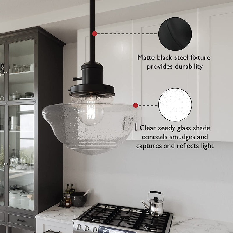Design House 587451 Schoolhouse Modern Industrial Farmhouse Indoor Dimmable Pendant Light with Clear Seedy Glass for Kitchen Dining Bar Area, Matte Black