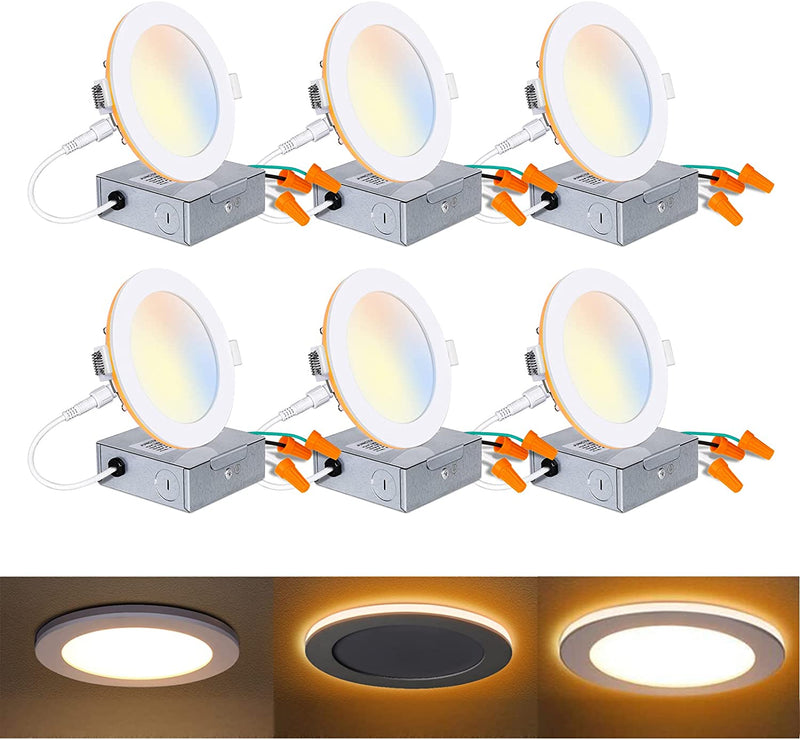 Mounight 6 Pack Inch LED Recessed Ceiling Light with Night Light, CRI90, 14W=100W, 1200Lm, 2700K/3000K/3500K/4000K/5000K Selectable, Dimmable Ultra-Thin Can-Killer Downlight, J-Box Included Home & Garden > Lighting > Flood & Spot Lights Kili-LED 5cct | 6 Pack Canless 4 Inch 