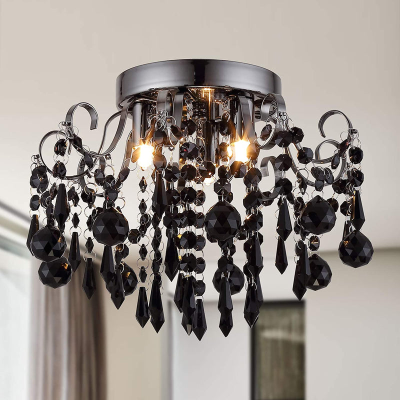 Q&S Small Crystal Chandelier Flush Mount Ceiling Light 3 Lights Modern Chrome Iron Raindrop Crystal Ceiling Fixture for Bedroom Hallway Closet Entryway Stairs Home & Garden > Lighting > Lighting Fixtures > Chandeliers Q&S Black  