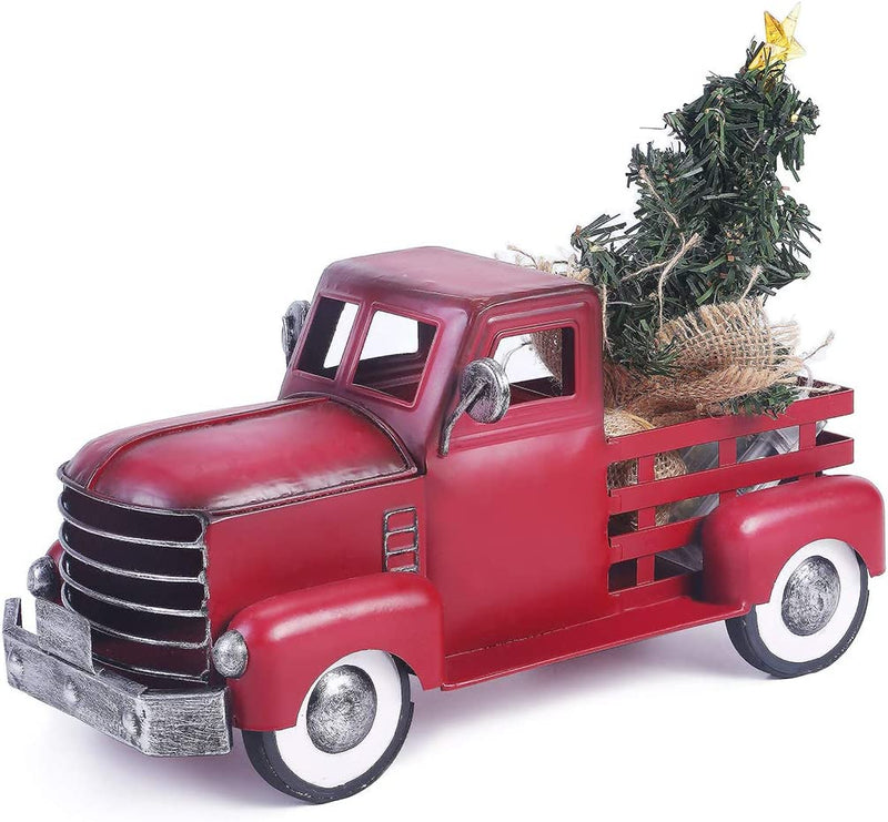 Vintage Red Truck Décor, Decorative Tabletop Storage, Pick-Up Metal Truck Planter, Farmhouse Red Truck Christmas Decoration Home & Garden > Decor > Seasonal & Holiday Decorations Wihome Star RED TRUCK WITH CHRISTMAS TREE  