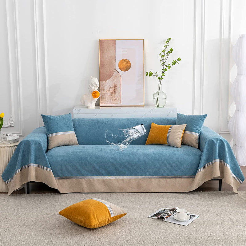 EAVD Boho Couch Cover Beige Sectional Couch Cover Durable Chenille Couch Cover with Lace Edge Solid Couch Protectors from Cats Dogs Scratching Sofa Couch Cover for 2 Cushion Couch(71"X118",Beige) Home & Garden > Decor > Chair & Sofa Cushions EAVD Blue