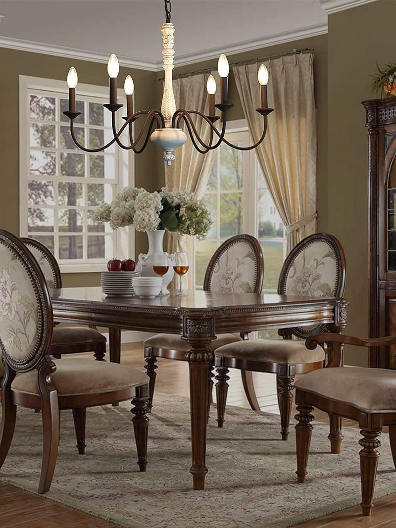 French Country Chandelier,6-Light Farmhouse Chandelier Vintage Candle Dining Room Lighting Fixture Brown White Antique Industrial Chandelier for Living Room Kitchen Island Foyer Bedroom Lighting Home & Garden > Lighting > Lighting Fixtures > Chandeliers Azkabu   