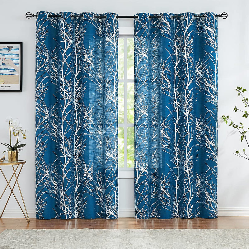 FMFUNCTEX Branch White Curtains 84” for Living Room Grey and Auqa Bluetree Branches Print Curtain Set Wrinkle Free Thick Linen Textured Semi-Sheer Window Drapes for Bedroom Grommet Top, 2 Panels Home & Garden > Decor > Window Treatments > Curtains & Drapes FMFUNCTEX Semi-sheer: Navy + Foil Silver 50" x 63" 