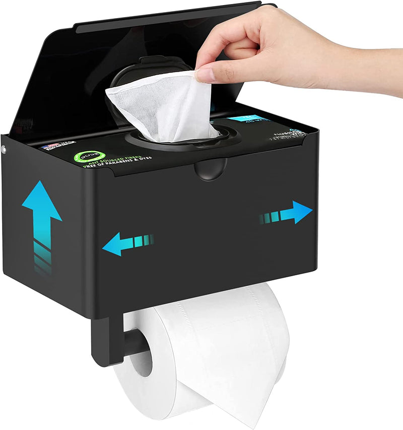 Pavezo Toilet Paper Holder with Storage - Large Capacity - Flushable Wipes Dispenser Extra Toilet Tissue Paper Holder with Shelf for Towel RV Bathroom - 304 SS - Easy Adhesive Wall Mount (Black) Home & Garden > Household Supplies > Storage & Organization Pavezo   