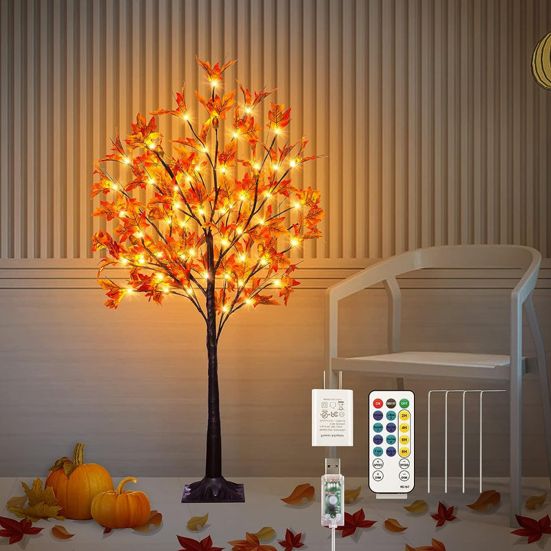 Fastdeng 5Ft Fall Maple Tree Light Thanksgiving Decorations, 90 LED Warm White Dimmable Timing Artificial Fall Tree with 8 Flashing Modes for Home Indoor Outdoor Autumn Thanksgiving Harvest Decor  FastDeng 4Ft Maple Tree  