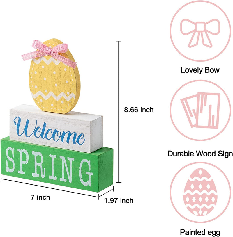 Hogardeck Easter Decorations for Home, Three-Layer Wood Sign Welcome Spring Wooden Block Set with Bow Farmhouse Table Centerpiece Eggs Easter Spring Decor for Tabletop Fireplace Tiered Tray Party Home & Garden > Decor > Seasonal & Holiday Decorations hogardeck   