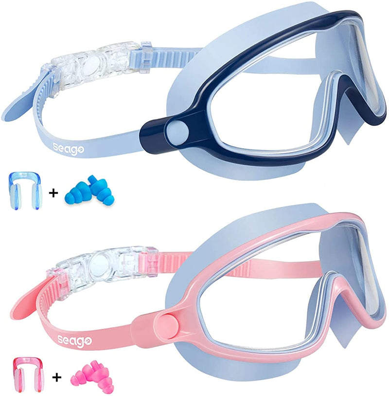 Swim Goggles 2 Pack Anti-Fog Anti-Uv Wide View Swimming Goggles for Kids 3-15 Sporting Goods > Outdoor Recreation > Boating & Water Sports > Swimming > Swim Goggles & Masks Seago Blue & Pink  