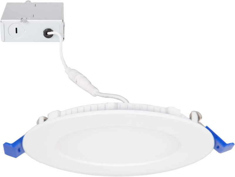 Maxxima 4 In. Dimmable Slim round LED Downlight, Flat Panel Light Fixture, Recessed Retrofit, 700 Lumens, Warm White 2700K, 10 Watt, Junction Box Included