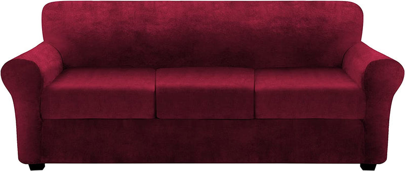 FINERFIBER Velvet High Stretch 4 Piece Sofa Slipcover | Thick Couch Cover for Pets | Couch Covers for 3 Cushion Couch | Furniture Protector for 3 Separate Cushion Couch Machine Washable (Sofa,Red) Home & Garden > Decor > Chair & Sofa Cushions FINERFIBER Burgundy Red 3 seater 